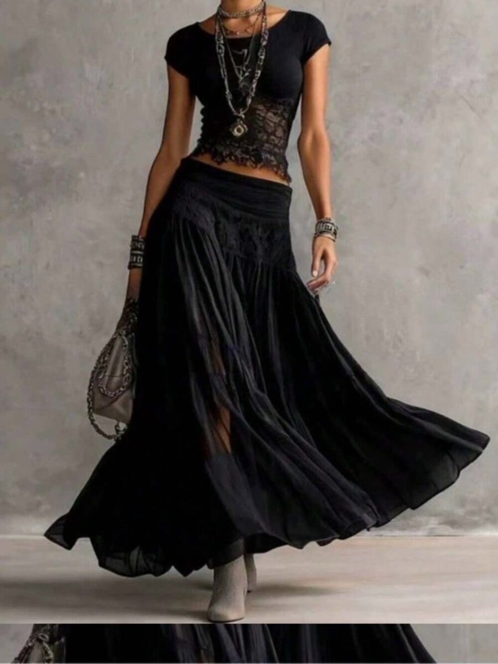 Black Bohemian Lace Crop Top & Flowing Maxi Skirt Set — Size XS | Never Worn